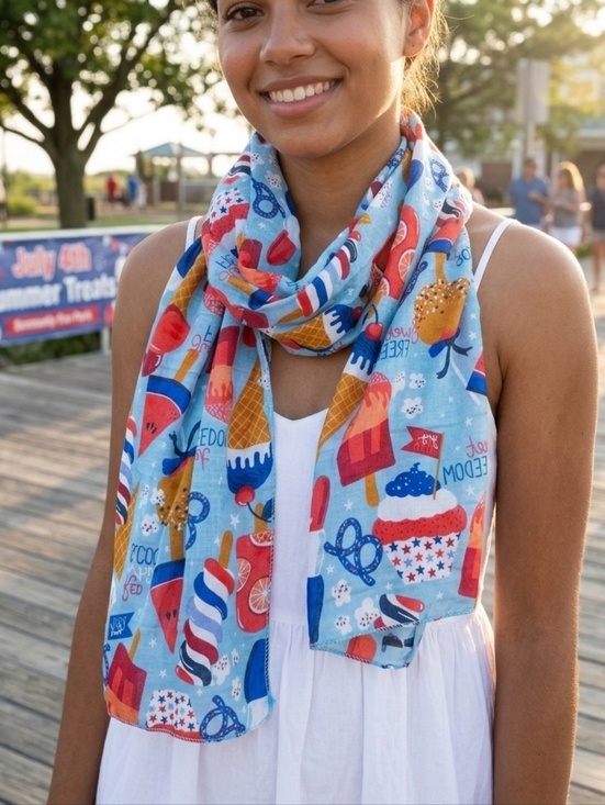 Unbranded Accessories - Patriotic Red White & Blue Colorful Lightweight Patterned Scarf New With Tags